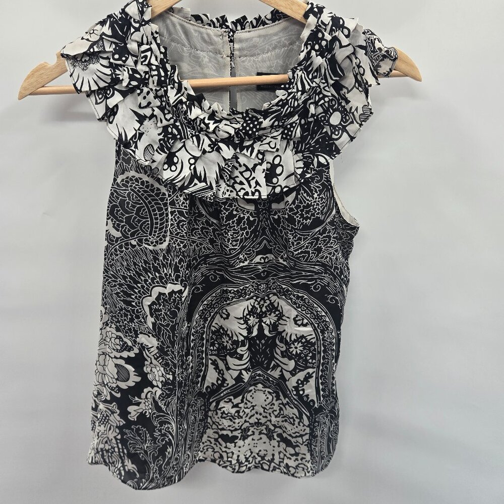Club Monaco Black White Paisley Silk Ruffled Sleeveless Top XS